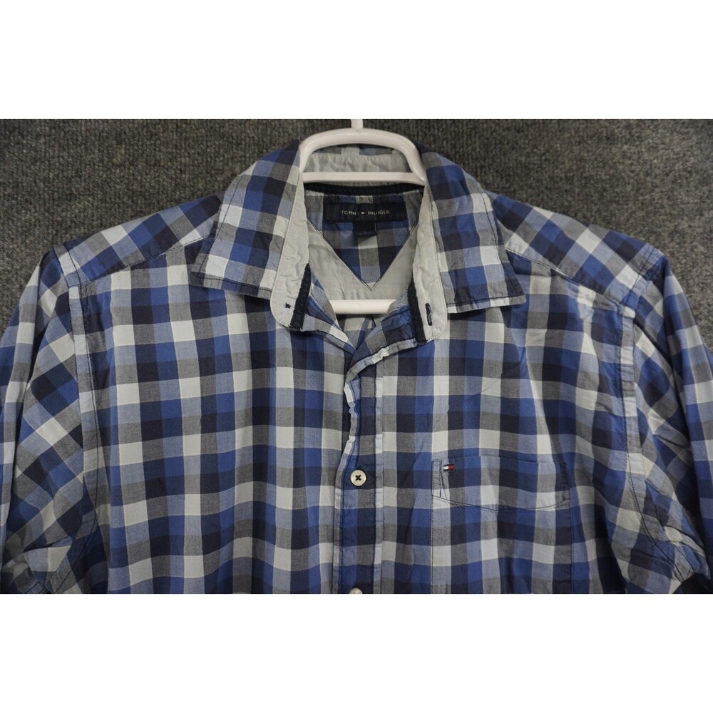 Tommy Hilfiger Shirt Mens Medium Blue Plaid Button Up Long Sleeve Cotton